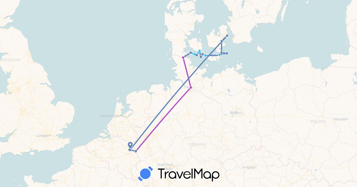 TravelMap itinerary: driving, cycling, train, boat in Germany, Denmark, Netherlands (Europe)